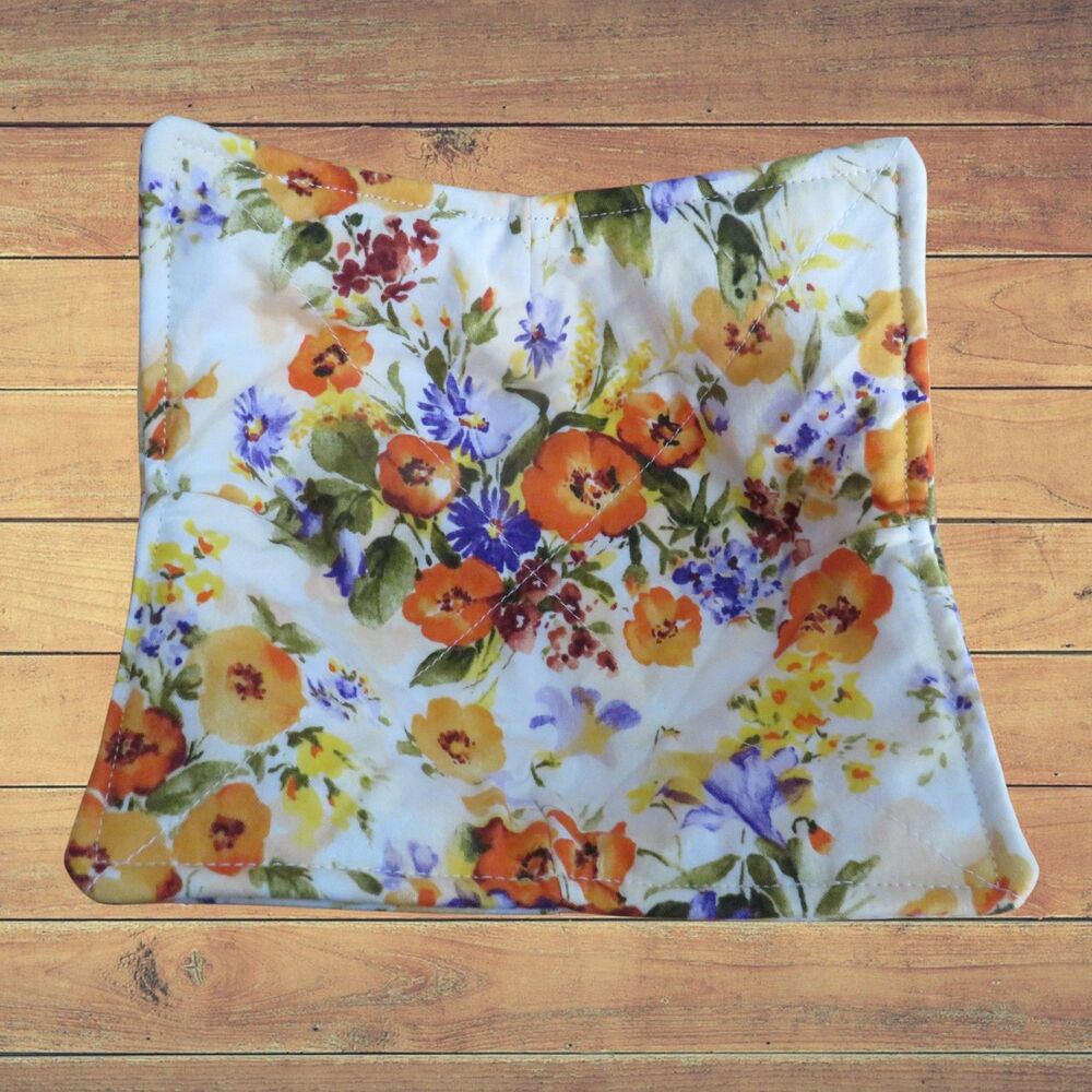Microwave Bowl Cozy, Orange and Purple Flowers Soup Bowl Holder, Gift Under Ten